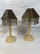 Unique Pair antique candle stick oil light with beaded shade - 3406
