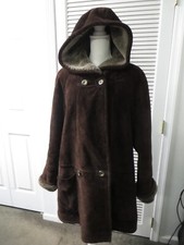 Lnr Suede Leather  Women's Thick Longline Hood Pockets Dark Brown Coat Jacket L