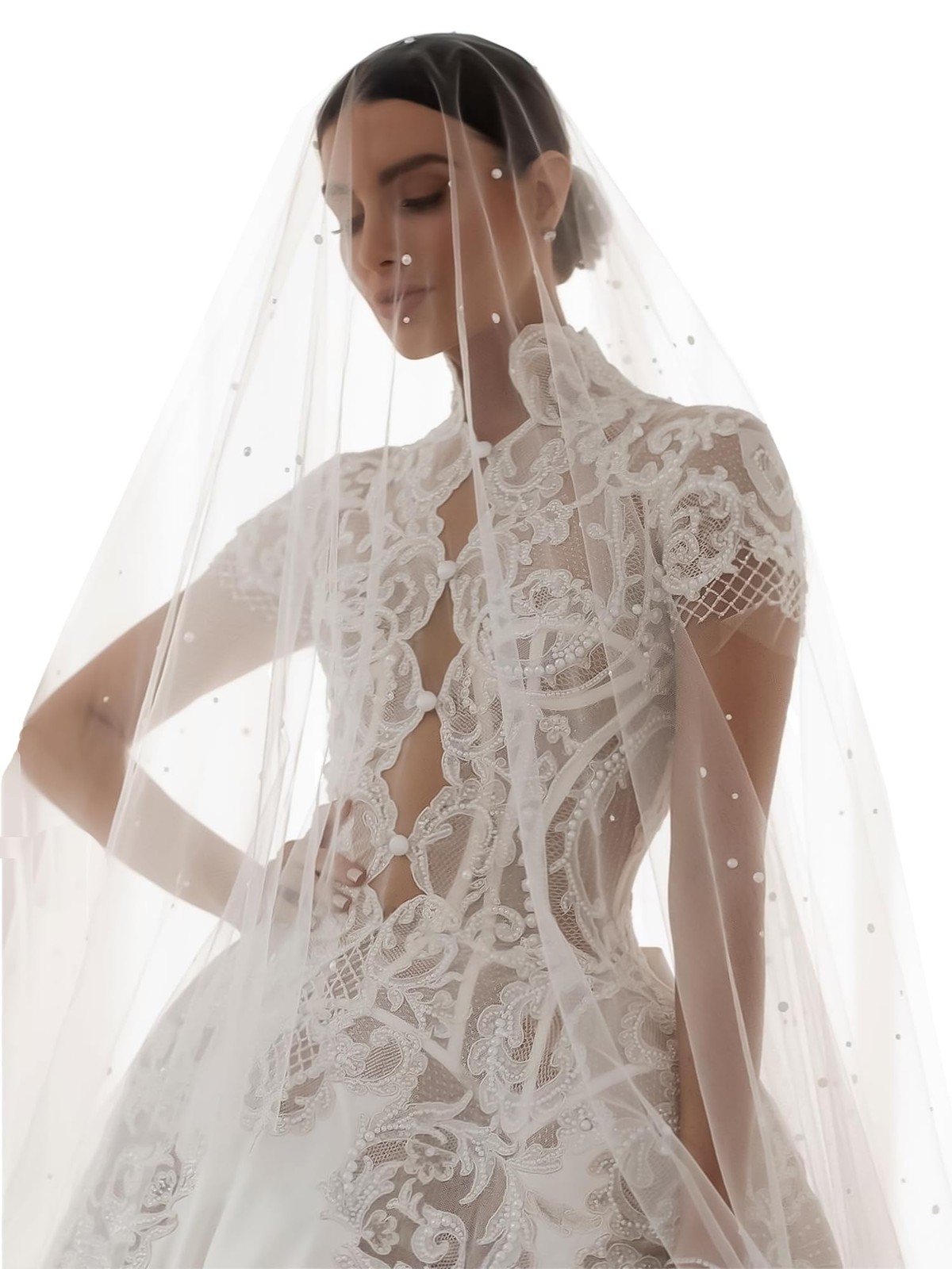 Pearl Wedding Veil 1 Tier Long Chapel Length Tulle White Bridal No Comb