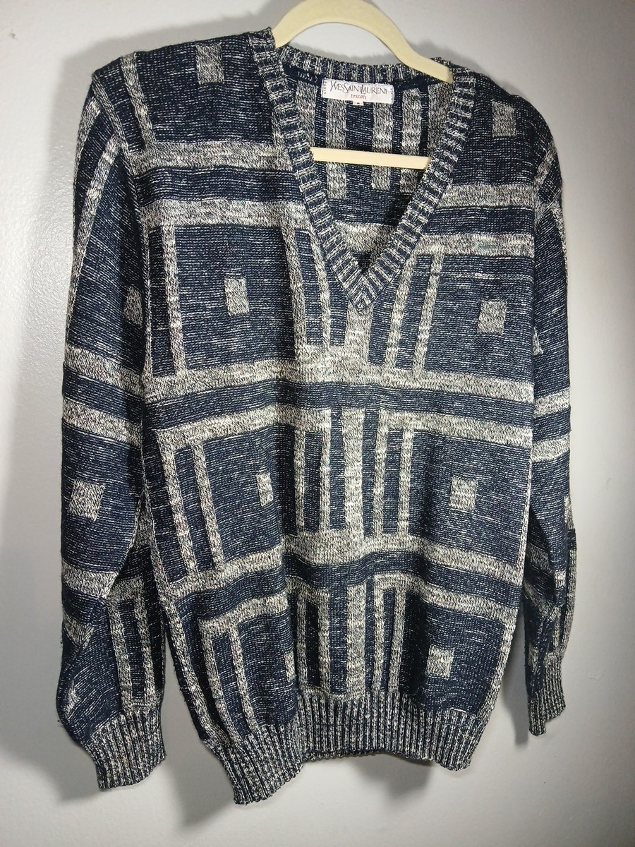 Vintage Style YSL Tricots Sweater Geometric Knit Blue White