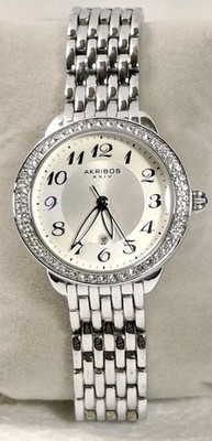 Akribos XXIV Women s Watch Austrian Crystal Engraved Dial Sunray Bezel AK831SS 