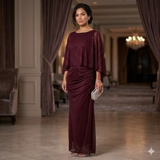 Maxi Vestido Ignite Evenings 16 Borgoña Malla Brillo Capa Formal
