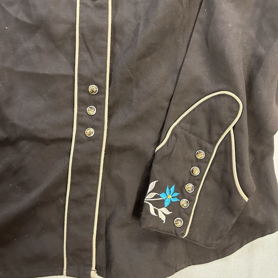 VINTAGE Roper Western Flower Embroidered Pearl Snap Shirt Large Mens Brown Blue - Image 2 of 4