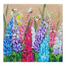 Bluebonnet Butterflies Original Painting Wildflowers Handmade Small Wall Art 4x4