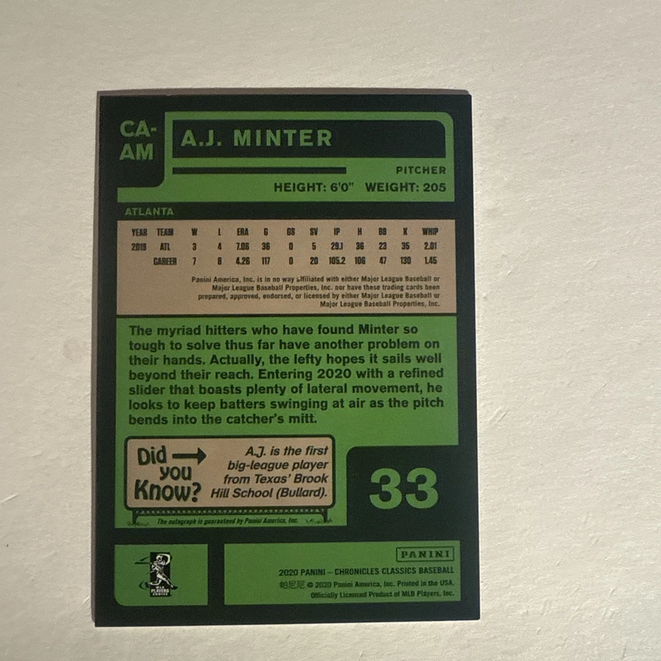 2020 Panini Chronicles - Classics Autographs A.J. Minter #CA-AM (AU) - Image 3 of 3