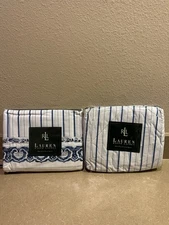 Lot Vintage Ralph Lauren Porcelain Blue Stripe White Twin Fitted Flat Sheet NEW