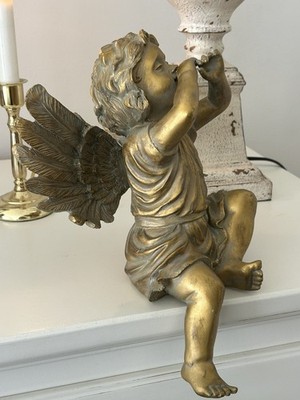 Gold Heavy Resin Trumpeting Sitting Cherub Angel w/Wings Renaissance Sculpture
