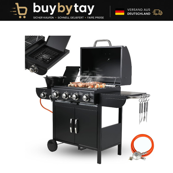 Gasgrill 4+1 Brenner Mit Seitenkochfeld 2,93Kw 2,33Kw Thermometer Bbq Grillwagen-image