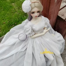 1/6 1/4 1/3 BJD Outfit Doll Clothes Silver Silk Chiffon Long Dress + Headwear