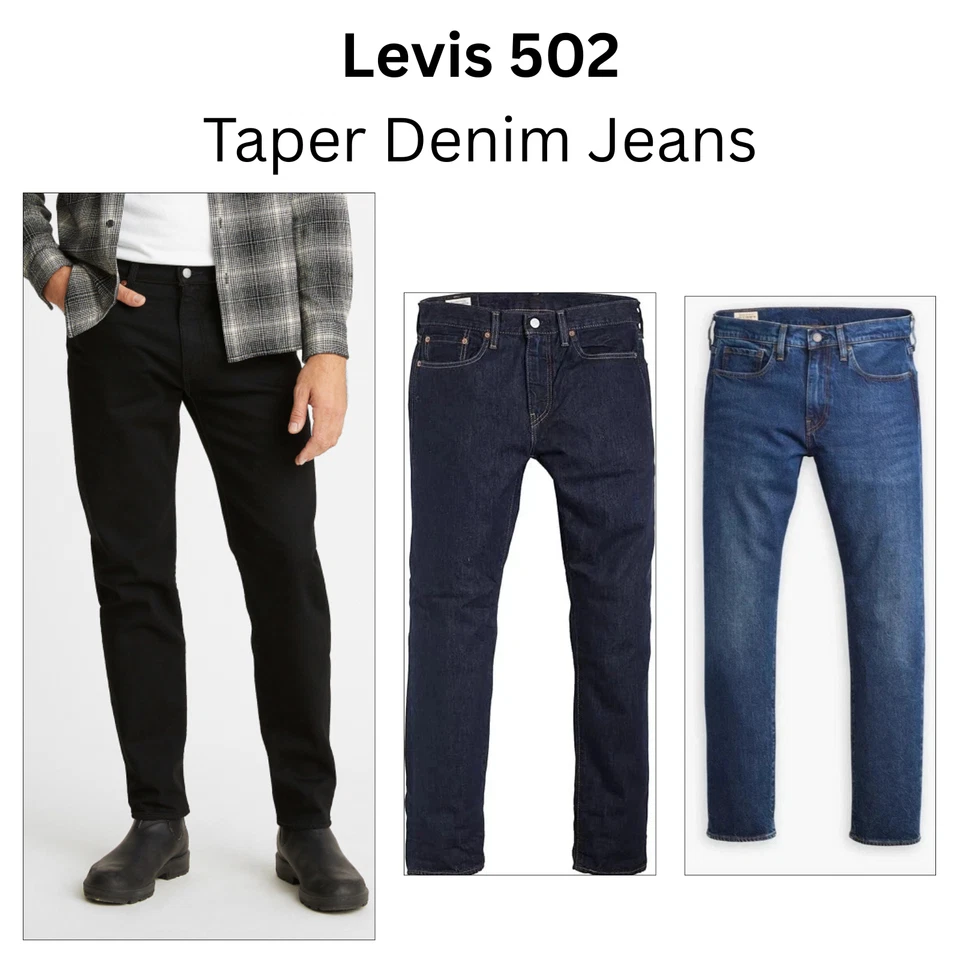 LEVI'S Levis 502 Mens Taper Jeans Designer Denim Regular Pants Navy, Black, Stonewash