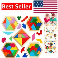 Gift-Ready 5 Pack Kids Wooden Tangram Brain Teasers - Ideal for Learning Fun