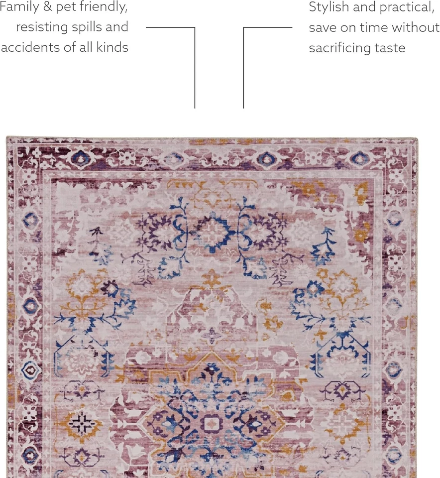 Alfombra Resort Collection 5’ x 7’ – Rosa/Dorado Estampado Vintage Lavable, Antideslizante Foto 4 de 4