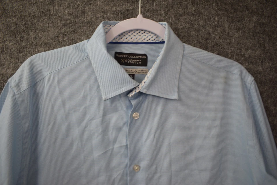 Report Collection Shirt L 16-16.5 34/35 Slim Blue Plaid Button Up 4 Way Stretch - Image 2 of 4