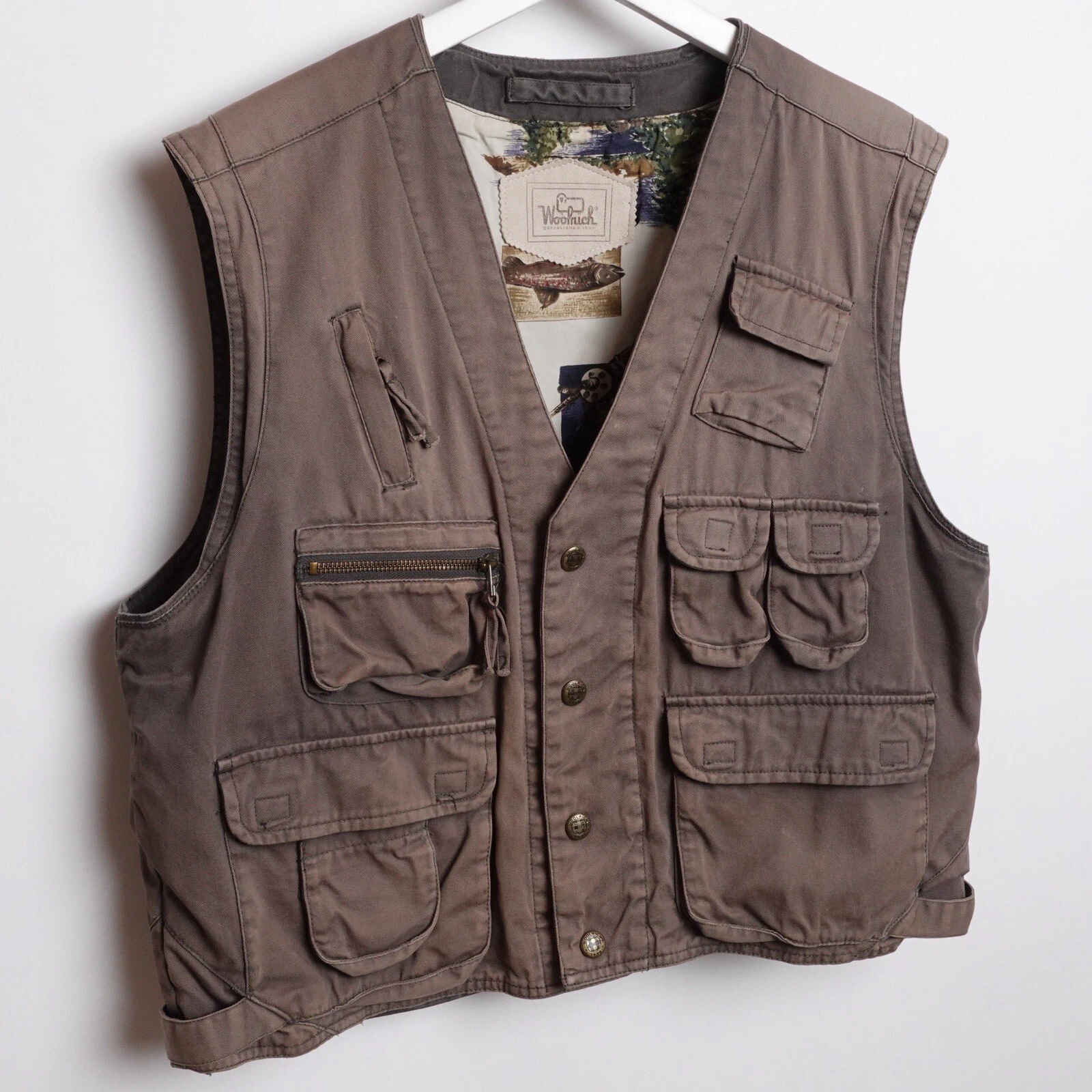 Vintage Woolrich All Over Print Lined Fishing Vest Pockets Size Men’s Large 90s