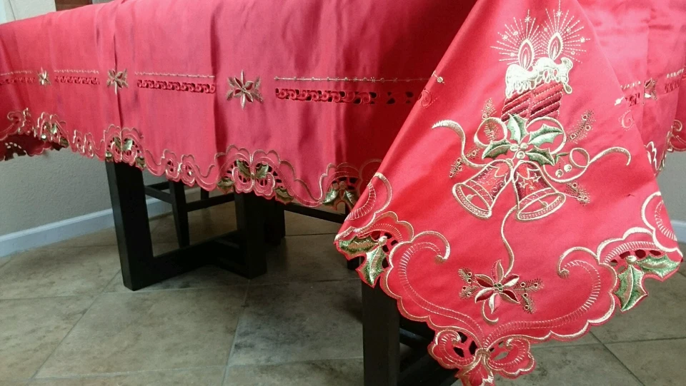 Poliéster 72x90" Rojo Vacaciones Navidad Vela Bordado Mantel Tela Satén Foto 4 de 4