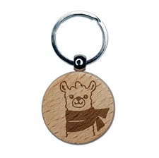Llama with Scarf Engraved Wood Round Keychain Tag Charm