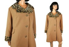 Winter Coat Sz L Vintage 70s 80s Brown Tan Wool Faux Leopard Fur Collar Cuffs