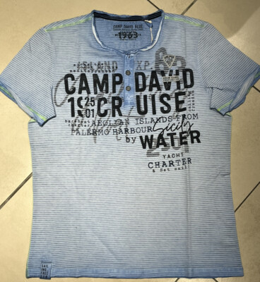 Camp David Henley  T-Shirt Logo Atwork Gr.L NEU Sky Blue Gestreift