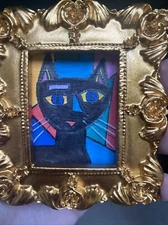 3/3,5 Black Cat ,cubism, Abstract, Original painting framed,funny,miniature