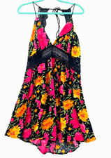 Women’s XL Magenta Pink Floral Halter Navy Guipure Lace Panel Tie backless NWOT