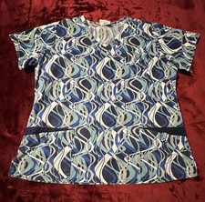 butter-soft XL Scrub Top. 3 Pocket. Blue With Colorful Paisley Design.