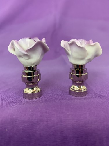 Pair Of Japanese Ceramic Rose 2 Inch Lamp Finials With Chrome Base