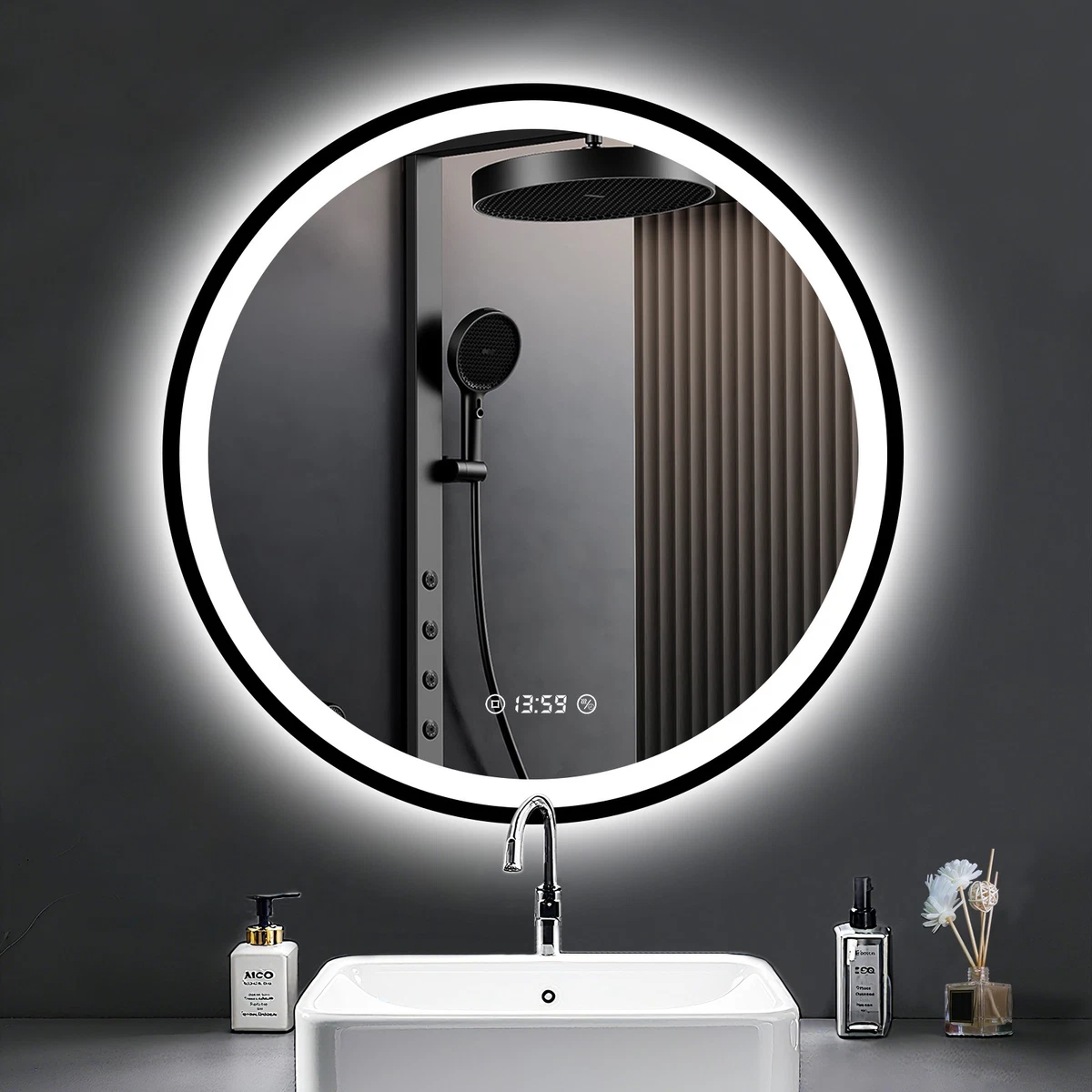 LED Badspiegel Rund Schwarzrahmen Uhr Temperatur Touch Dimmbar Antibeschlag 60cm