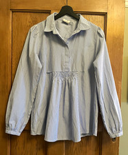 Mamalicious Women’s Maternity Blue & White Striped Collared Button Blouse M