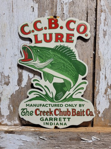 VINTAGE CREEK CHUB BAIT CO. PORCELAIN SIGN OLD FISHING LURE TACKLE ROD REEL SHOP