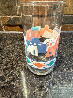 Vintage Libbey Southwest Adobe House Juice Glasses Pastel 1980's Pueblo & Cactus