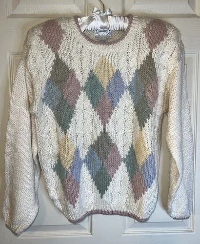 Vintage Nuggets Womens Sweater Chunky Knit Pastel Argyle 90’s NWT Medium