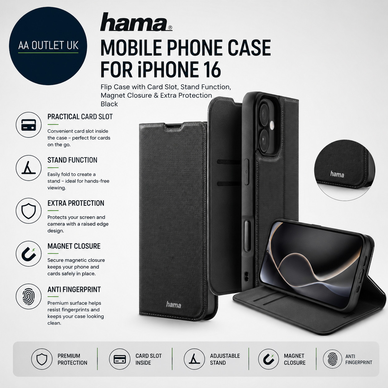 Hama Mobile Phone Case iPhone 16 Standing Card Slot Extra Protection Black