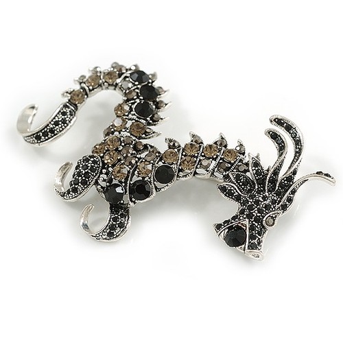 90mm Long/ Grey/ Black Crystal Chinese Dragon Large Brooch in Aged Silver Tone - Picture 6 of 6
