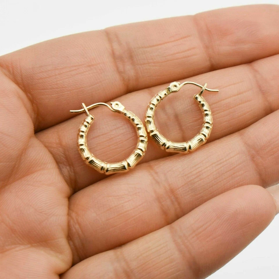 5/8" Mini Diamond Cut Bamboo Hoop Earrings Real 10K Yellow Gold