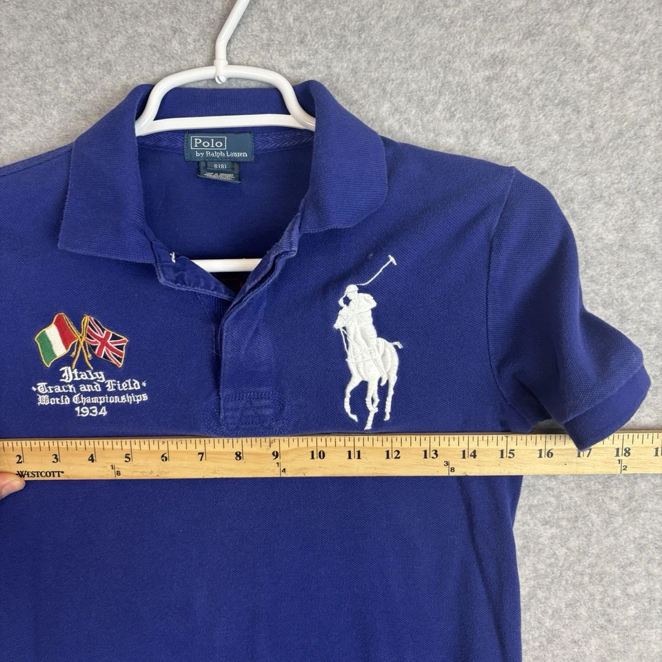 Polo Ralph Lauren Italy 1934 Track Field Shirt Boys Small 8 Blue Big Pony Vtg - Image 4 of 4