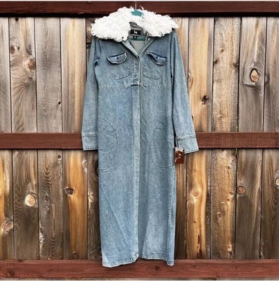 Vintage Denim Jean Fur Duster Coat Jacket Blanc Noir 90s Core NWT Extra Large