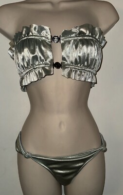 2 Ps Chanel Coco Ruffle Metallic shiny Grey Logo Swimwear Sz 38 | eBay