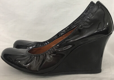 Lanvin Ballerina Tall Wedge Heel Graphite Black Patent Leather Size 38