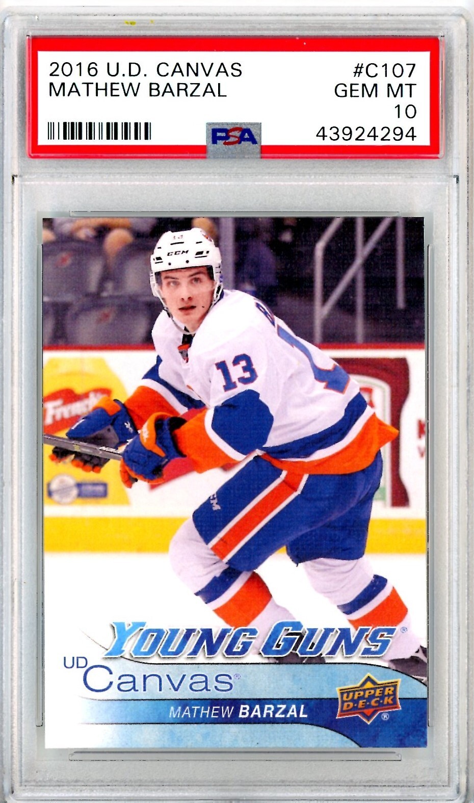 2016-17 Upper Deck Young Guns Canvas #C107 Mathew Barzal RC - PSA 10 GEM MT