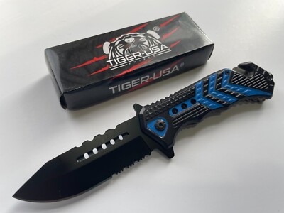 Tiger-USA 8'' Spring Assisted Folding Knife Blue Serrated Drop Point SJ-980-C