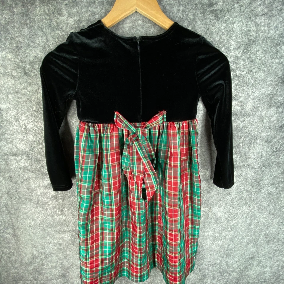 Hartstrings Dress Girls 6X Black Velvet Top Gold Metallic Red Green Plaid Skirt - Image 3 of 4