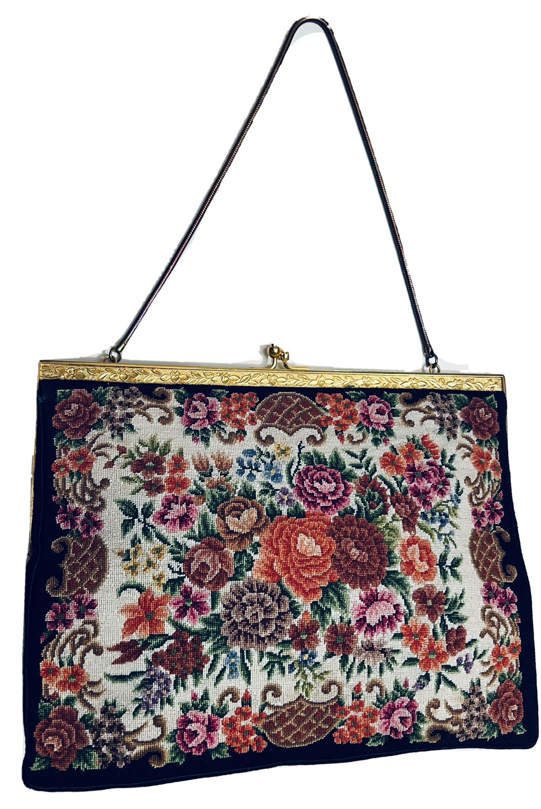 VINTAGE CLUTCH EVENING BAG EMBROIDERED TAPESTRY FLORAL GOLDEN