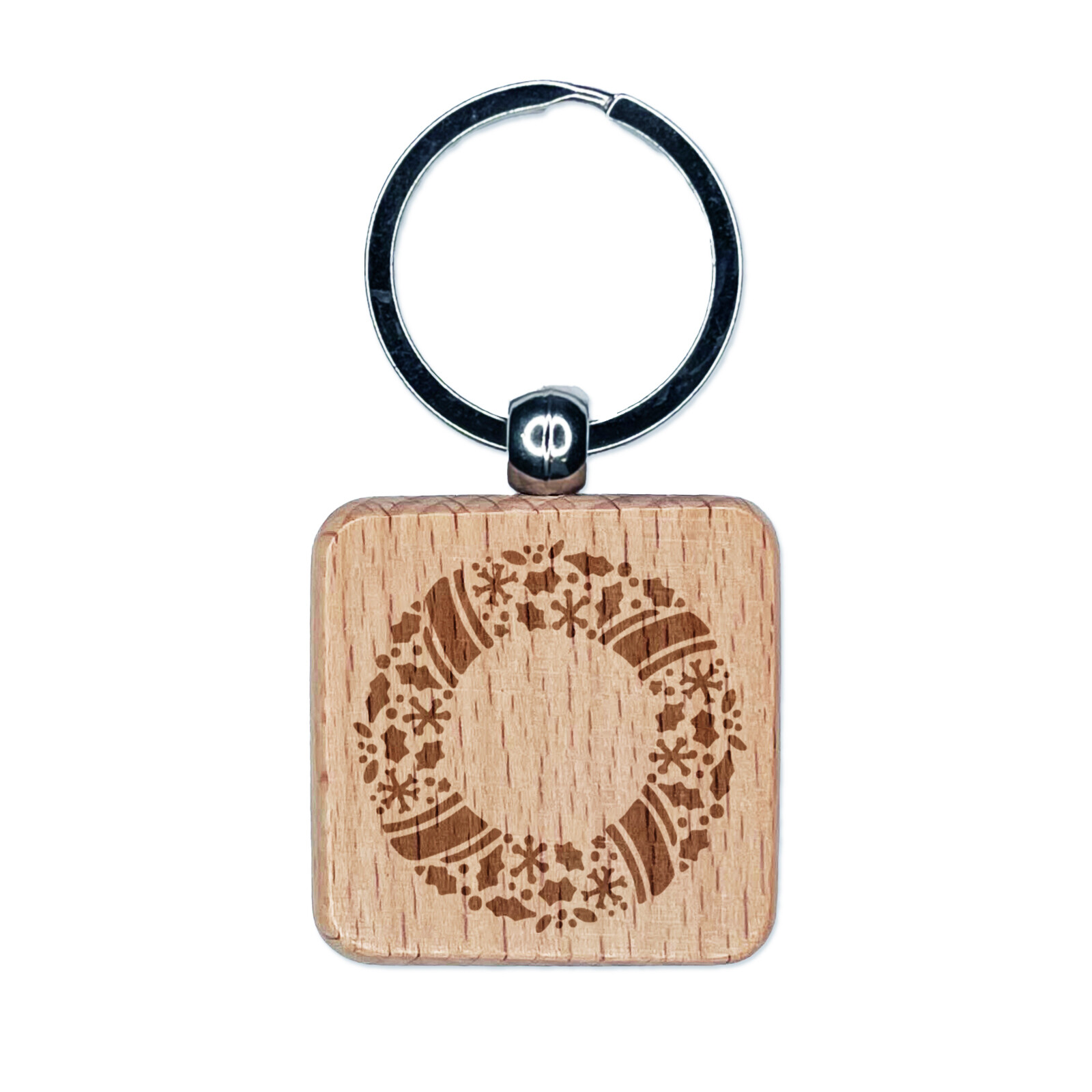 Christmas Wreath Detailed Engraved Wood Square Keychain Tag Charm