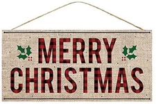 Merry Christmas Plaid Burlap Sign - 12.5" x 6", Wreath Decor, Plaid, Mistletoe
