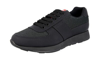 PRADA Leather Mesh Red Stripe Prax Sneakers 4E3341 Black NEW -  US 7 EU 40