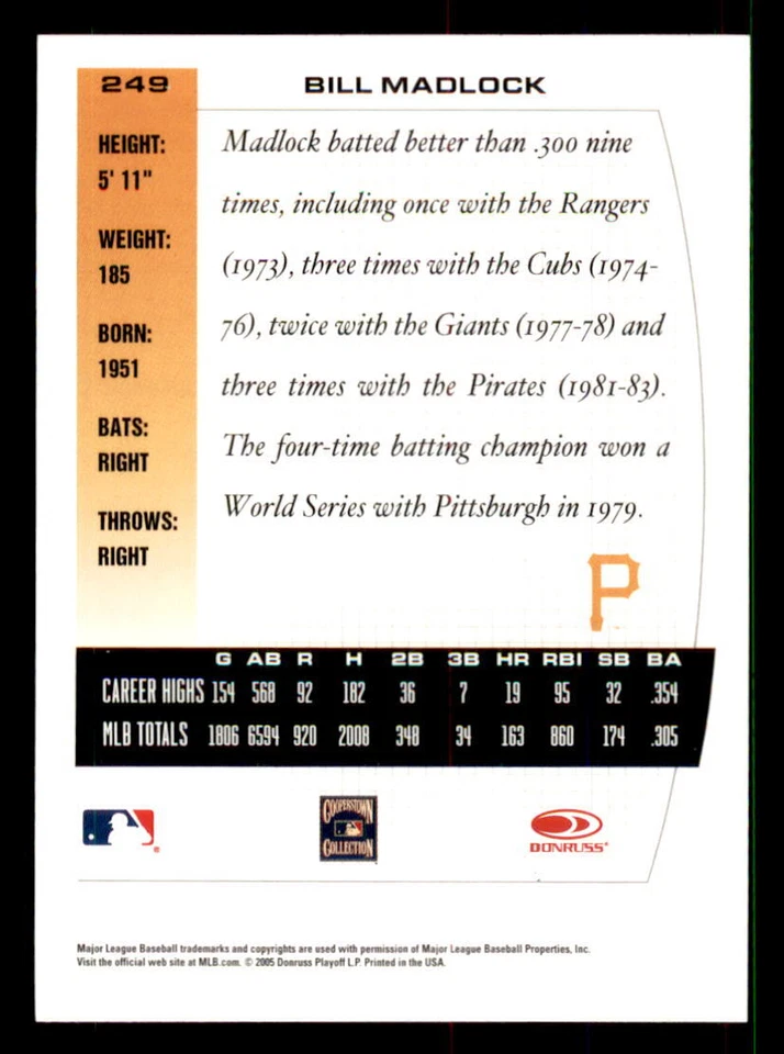 2005 Donruss Team Heroes #249 Bill Madlock Pittsburgh Pirates - Image 2 of 2