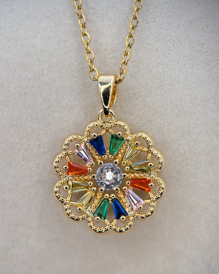 Fifth Ave Gold Rhinestone Sun Flower Pendant Necklace