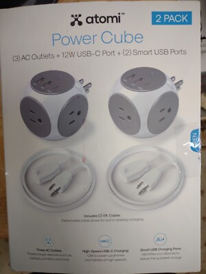 Atomi Power Cube AC Outlets High-Speed Smart USB Charging, 2 Pack