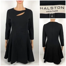 Halston Heritage Women 4 Dress Ponte Knit Cutout Black Flare Mini 3/4 Sleeve EUC