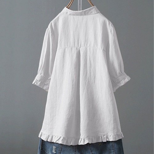 Damen Leinen Baumwolle Hemd Rüschen Knopfleiste Tops 3/4 Arm Freizeit Locker Bluse - Bild 9 von 21